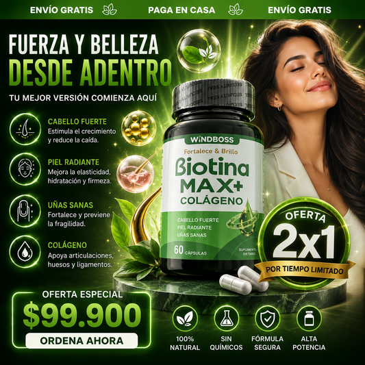 Biotina Max™️ – Biotina + Colágeno para Cabello Fuerte, Piel Radiante y Uñas Saludables